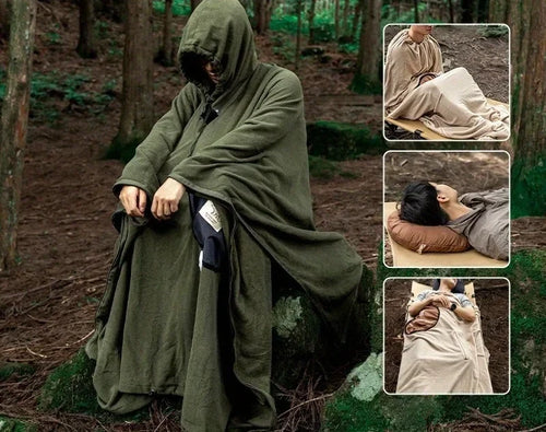 Poncho polaire Snowen Nomad vert armée porté en forêt