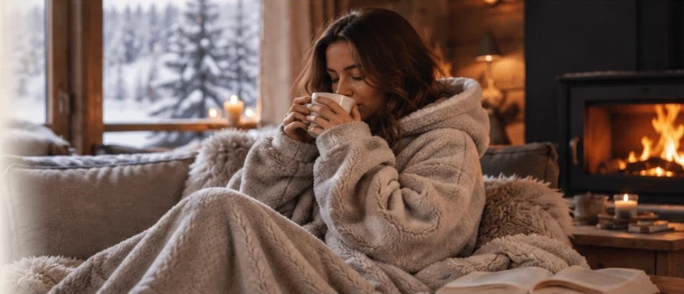 Femme emmitouflée dans une couverture douillette, une tasse chaude à la main, près d'une cheminée et d'une fenêtre enneigée