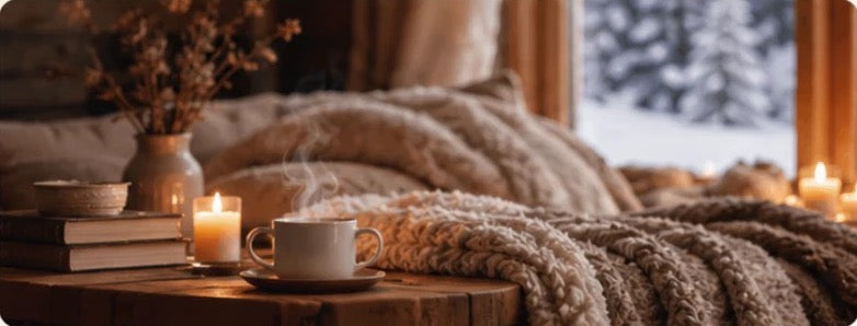 Tasse fumante, bougies, livres et plaid en grosse maille près d'une fenêtre enneigée